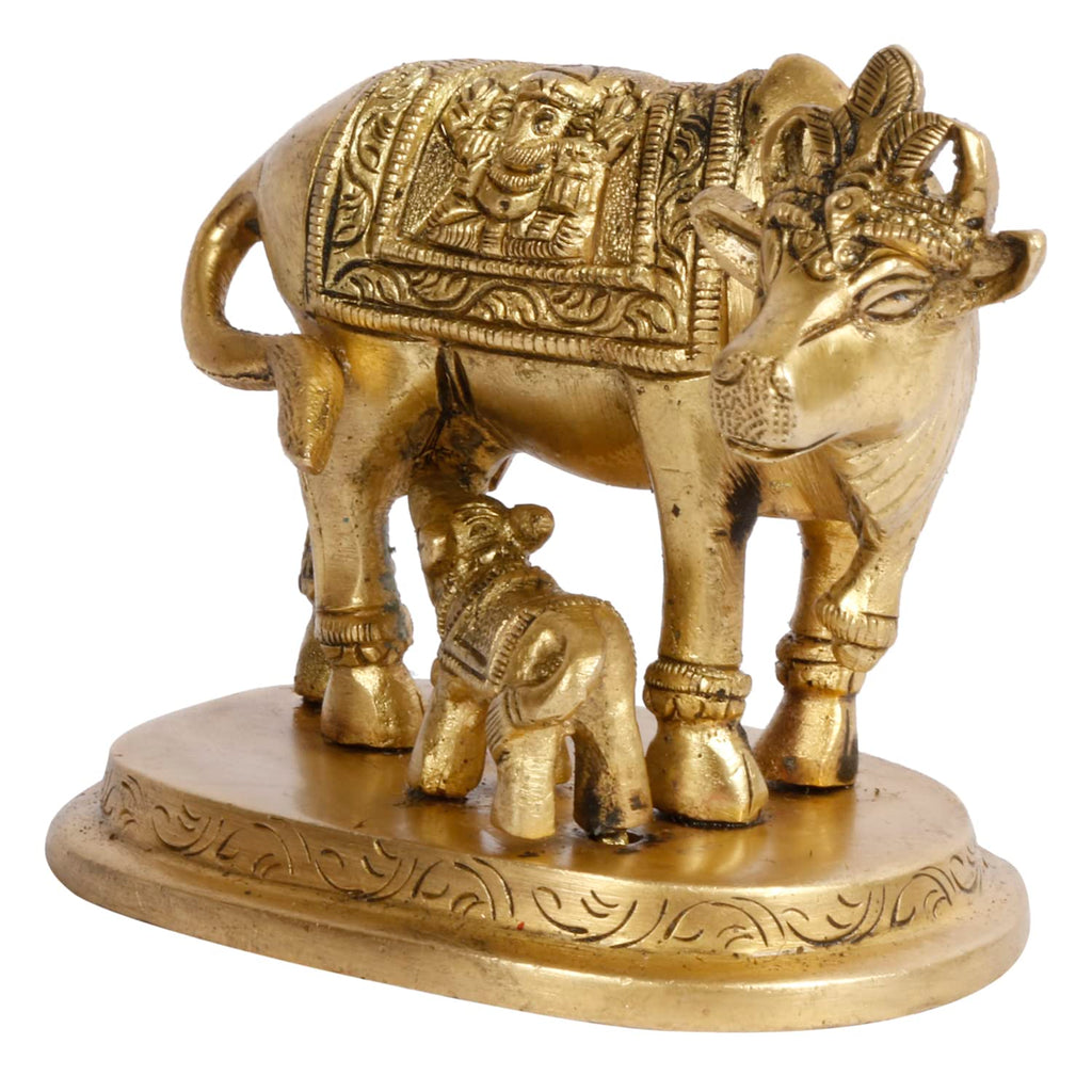 ARTVARKO Brass Cow and Calf Statue Nandi Kamdhenu Vastu Lakshmi Ganesha Carving on Gau MATA Idol,(9x6x7.5 cm)