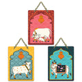 Artvibes Sacred Cows Pichwai Art Decorative Wall Hanging Ornaments | Living Room | Office | Wall Art Painting For Hall | Graphic Artwork | Wall Art Print | Unique Gift Items (WH_96176N), Set of 3