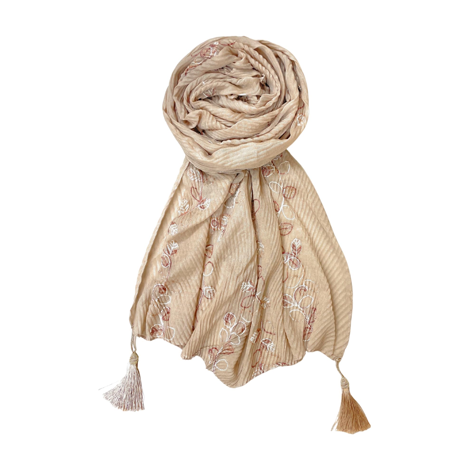 FAHABO Scarf for Women Stylish Pleated Viscose Cotton with Embroidery and Tassels | Hijab Scarf | Stole | Soft, Lightweight, and Latest Scarves | 72 x 33 Inches (Sand Beige)