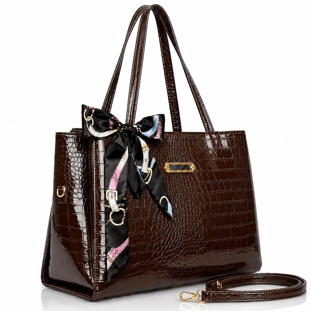 CLASSIC SMUGGLER Women's Croco-Embossed Leather Tote Bag with Silk Scarf Accent & Detachable Shoulder Strap Large Capacity Shoulder Handbag Office, Shopping & Travel
