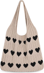 Kawn® Premium Knitted Heart Pattern Tote Bag Large Stylish and Durable Trendy bag for Everyday Use Beach Shopping Travel Work – Comfortable and Trendy Design (Khaki)