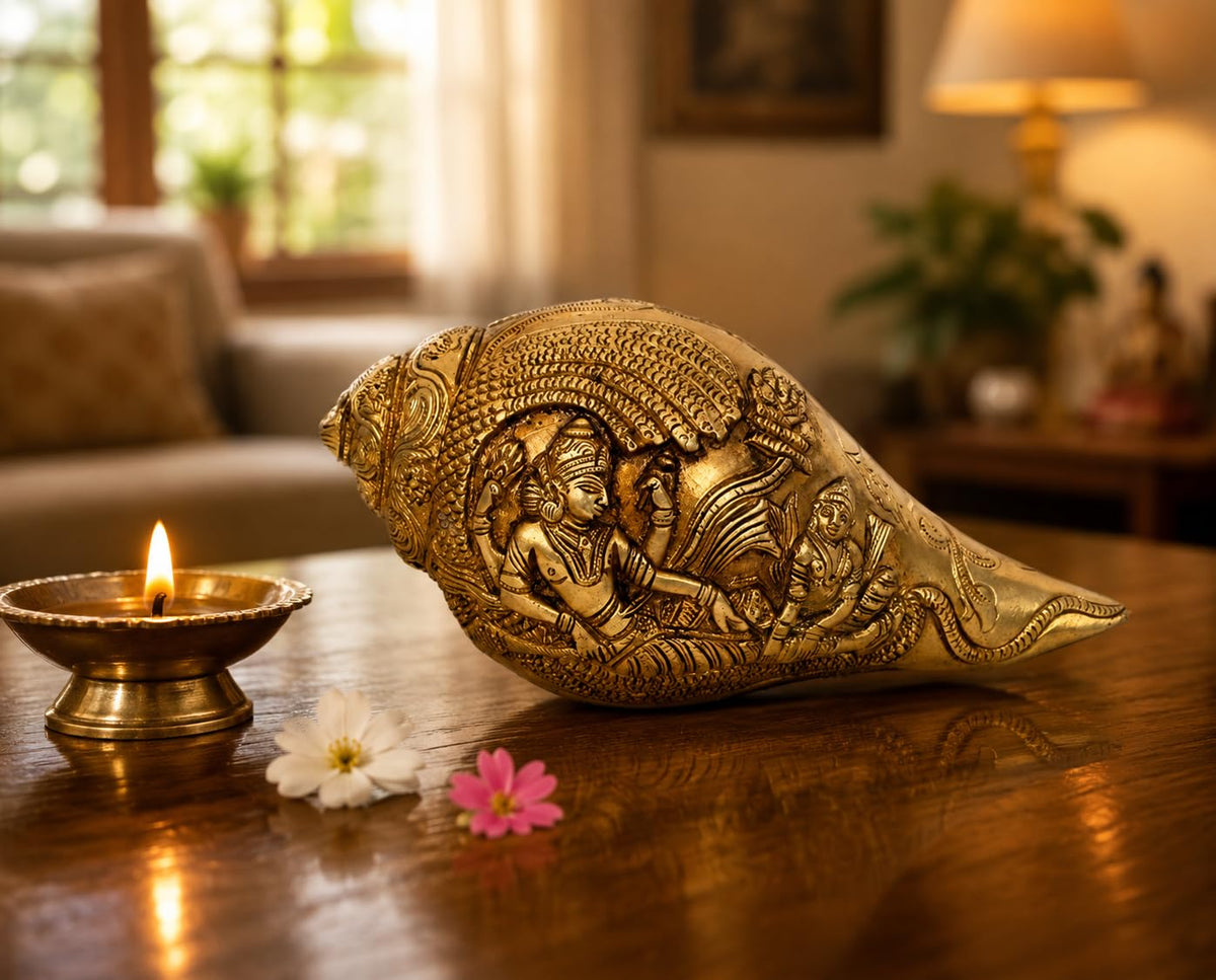 ARTVARKO Brass Lord Vishnu Laxmi and SheshNaag Carving Shankh Conch for Temple Vastu Decorative Items Sankh for Home 7.5 Inch