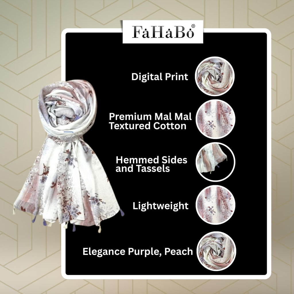 FAHABO Scarf Woman Floral Print Premium Mal Mal Textured Cotton Scarves with Tassels | Hijab Scarf | Headscarf | Neck Scarf | Stoles | Wraps | Size 71 L x 33 W (Elegance Purple, Peach)