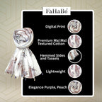 FAHABO Scarf Woman Floral Print Premium Mal Mal Textured Cotton Scarves with Tassels | Hijab Scarf | Headscarf | Neck Scarf | Stoles | Wraps | Size 71 L x 33 W (Elegance Purple, Peach)