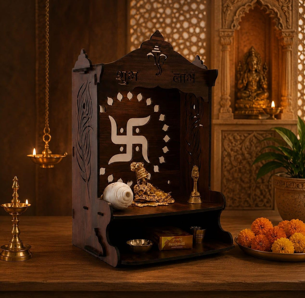Wooden Pooja Mandir for Home, Pine Wood Temple, Decorative Hindu Mandir with Storage Shelf for Puja Room & Living Room Decor