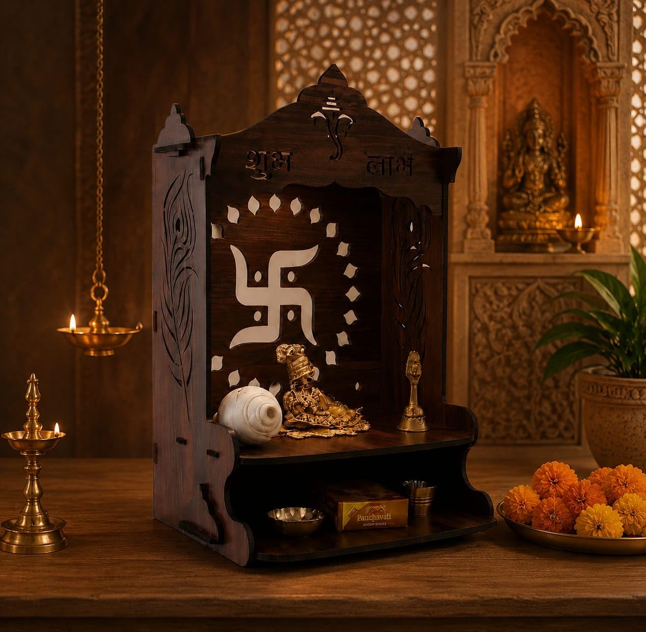 Wooden Pooja Mandir for Home, Pine Wood Temple, Decorative Hindu Mandir with Storage Shelf for Puja Room & Living Room Decor