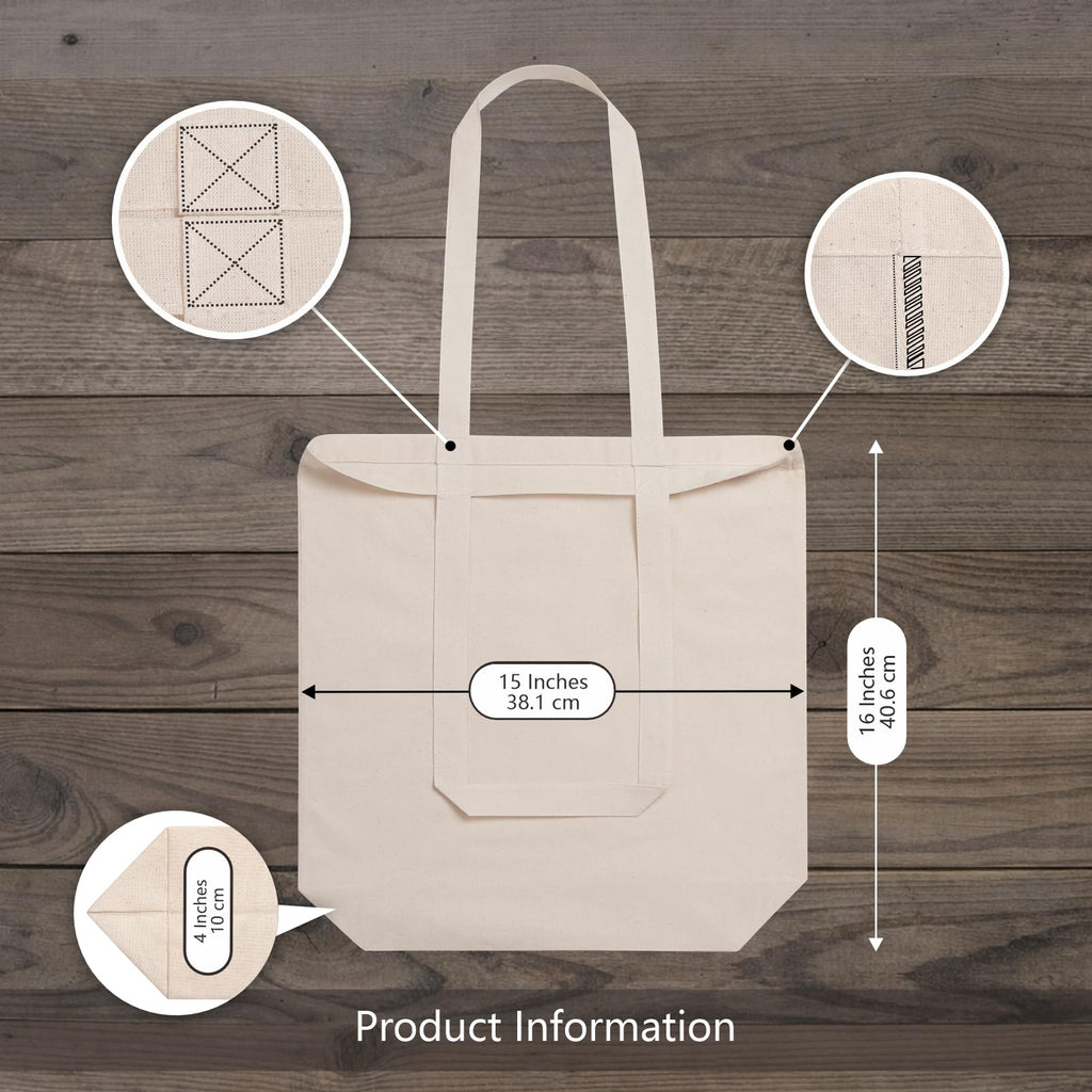 TOPDesign 1-Pack Cotton Tote Bag with 4 Gusset, 15x16x4 Economical Lightweight Reusable Grocery Shopping Cloth Bags, Bulk Blank Plain Totes for DIY, Vinyl, Sublimation, Gift (Natural)