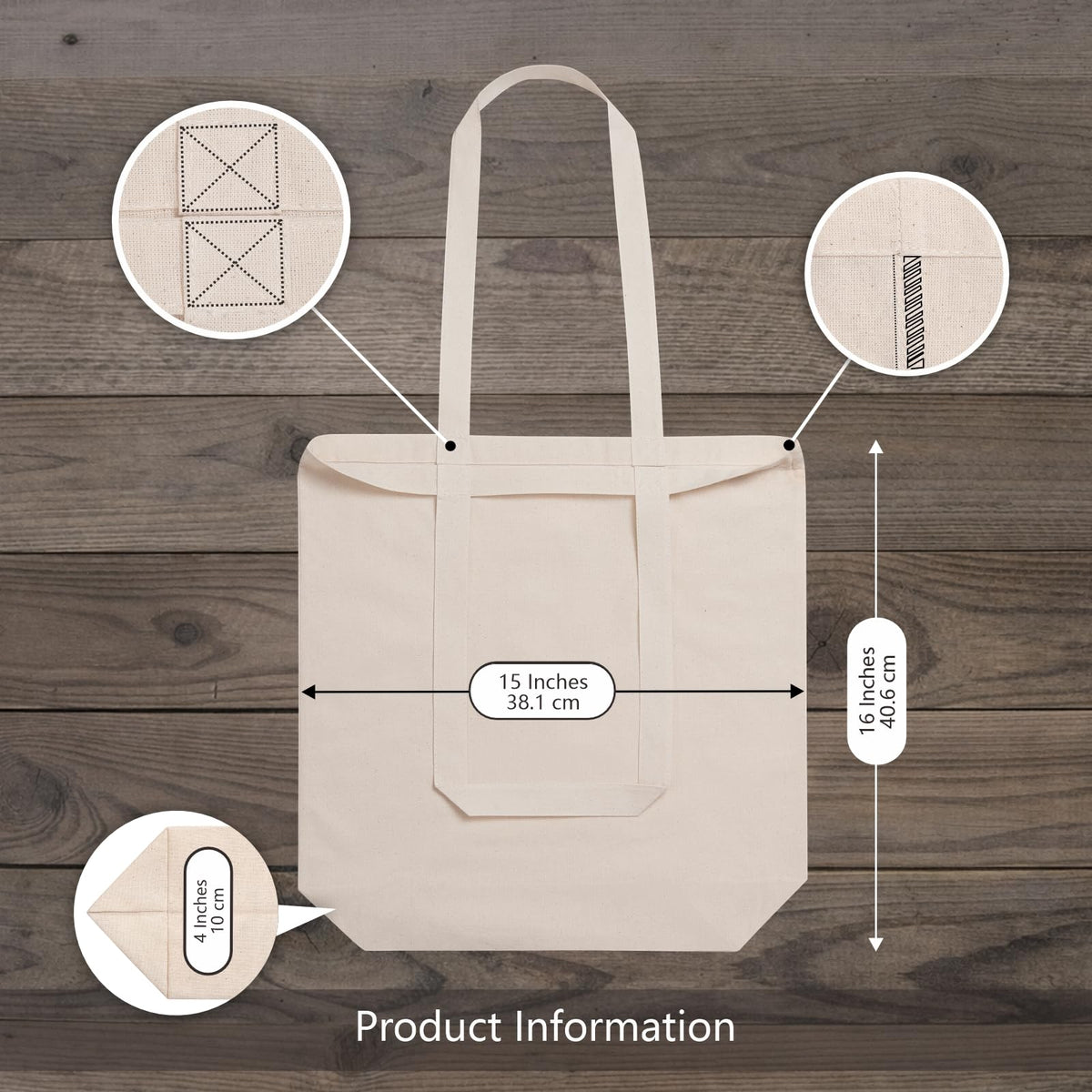 TOPDesign 1-Pack Cotton Tote Bag with 4 Gusset, 15x16x4 Economical Lightweight Reusable Grocery Shopping Cloth Bags, Bulk Blank Plain Totes for DIY, Vinyl, Sublimation, Gift (Natural)