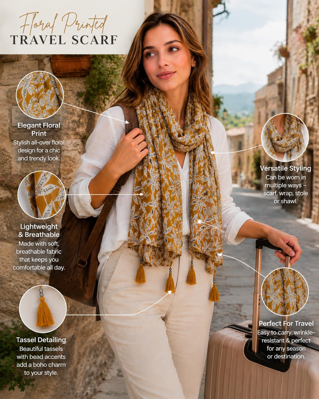 Women's Printed cotton Scarf with Tassels, Lightweight Boho Stole, 180x50 cm, All Seasons (Camel)