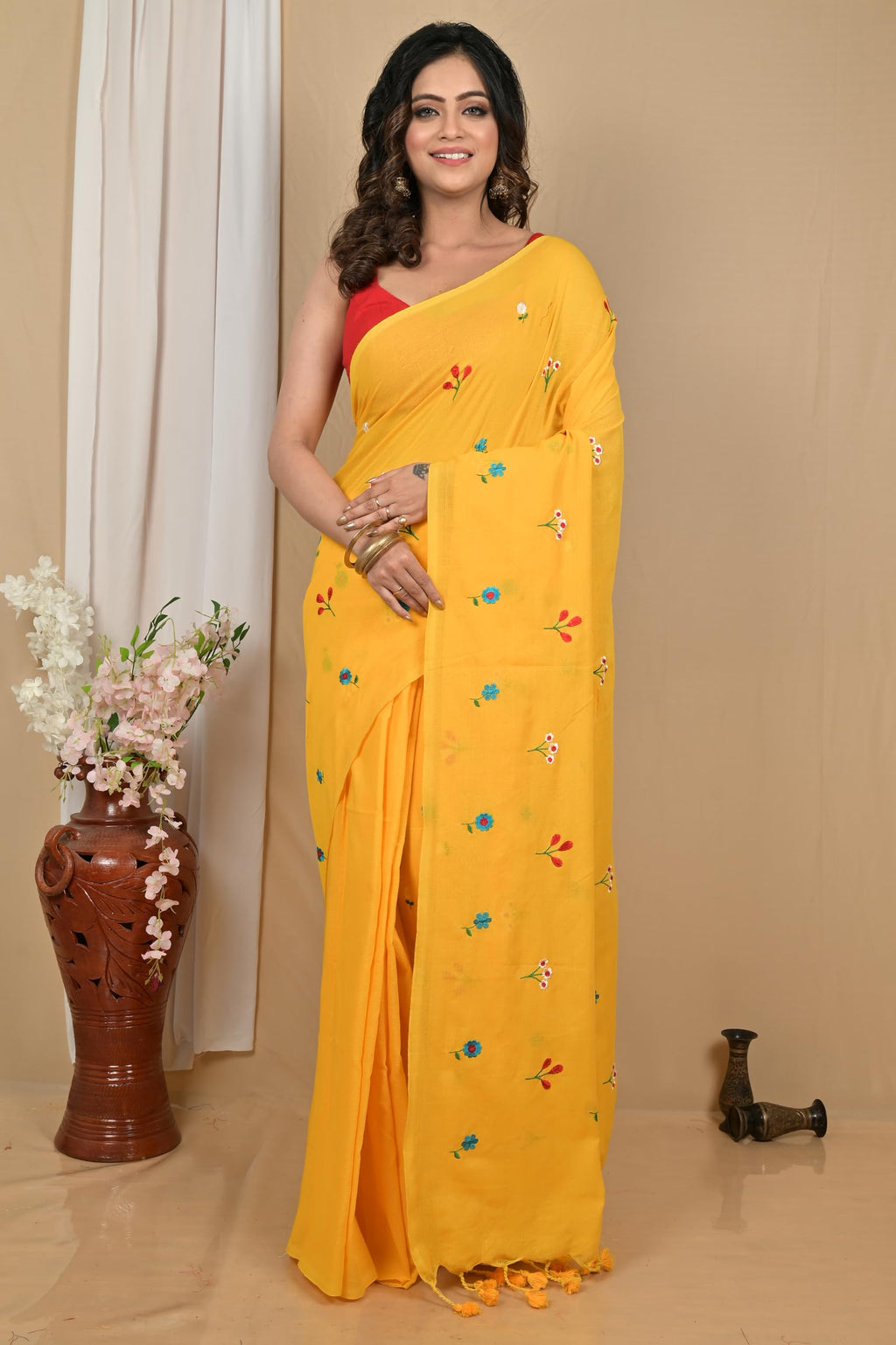 RoyBoni Khadi Embroidery Saree for Women | Fulmina Work | Pure Cotton Khadi Saree with Blouse Piece | Lightweight Traditional (Yellow)
