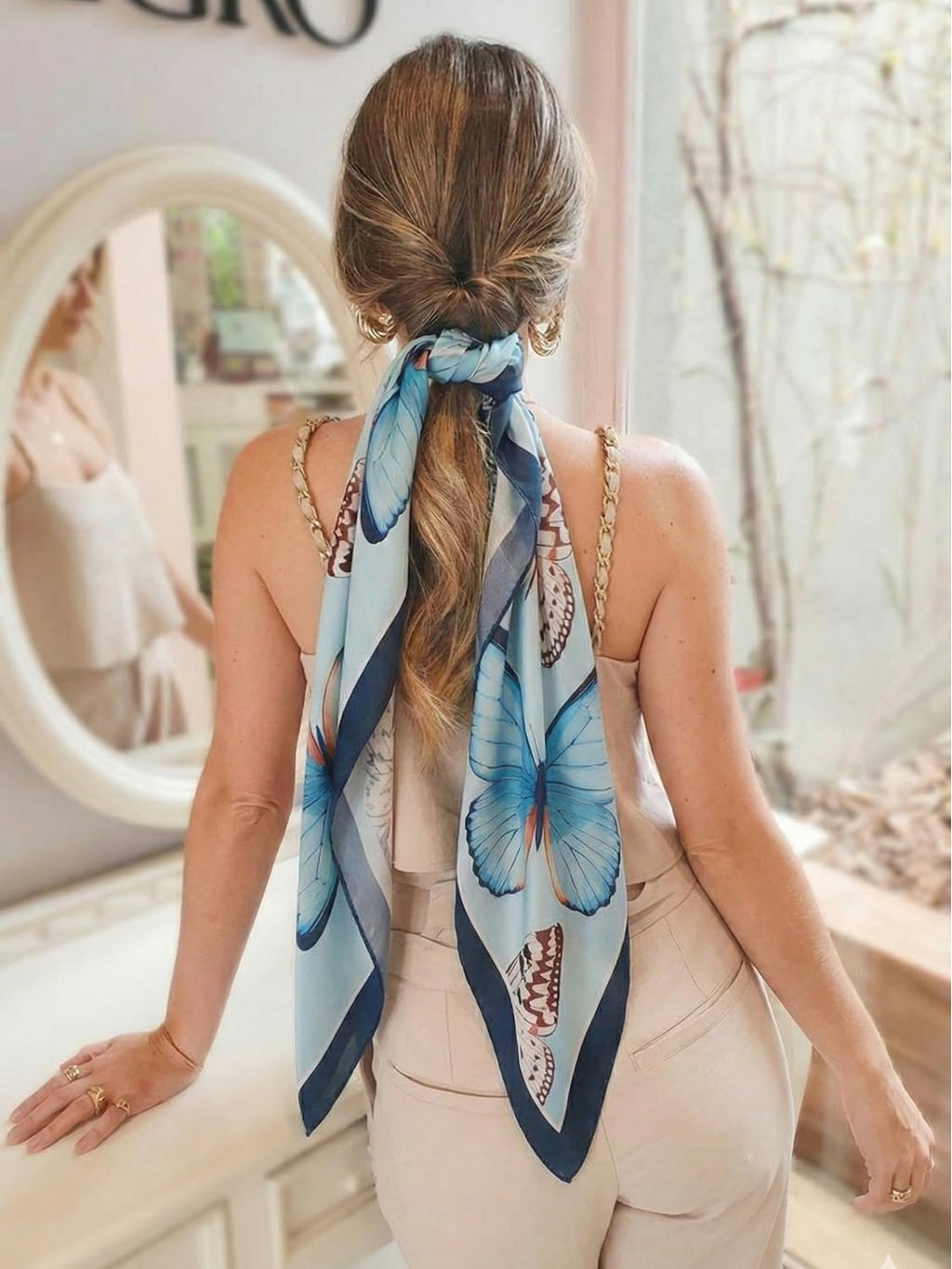 leeza store Women's Powder Blue Silk Scarf For Women, 40X40 Digital Printed Butterfly Pattern, Elegant Satin Feel Stole & Neck Wrap