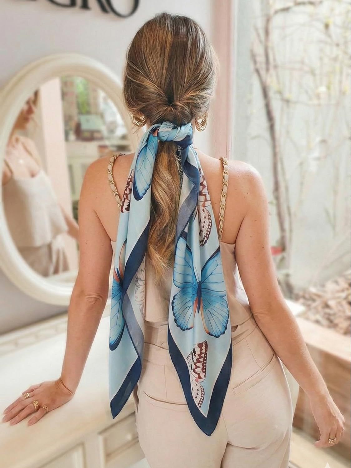 leeza store Women's Powder Blue Silk Scarf For Women, 40X40 Digital Printed Butterfly Pattern, Elegant Satin Feel Stole & Neck Wrap