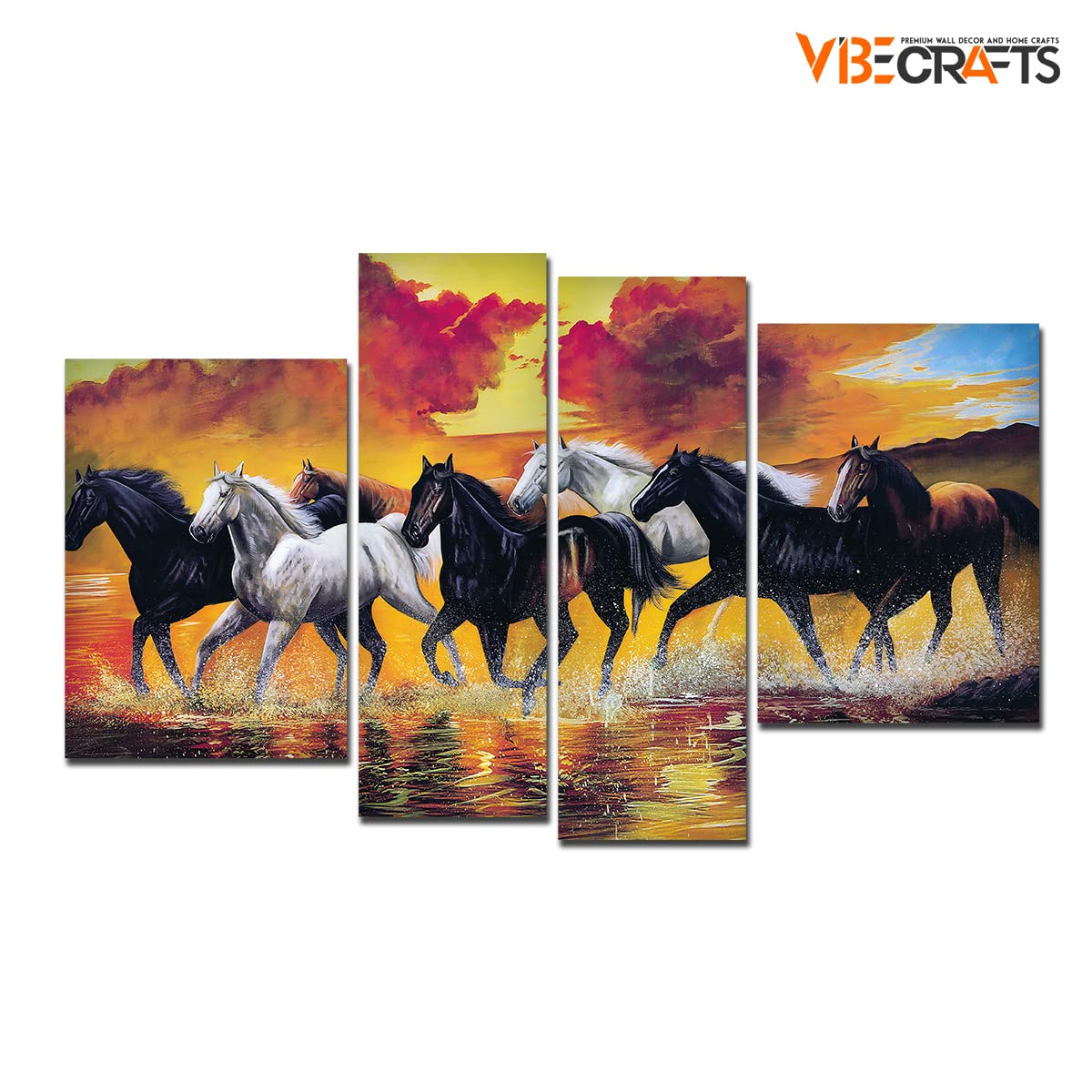 VIBECRAFTS Horses Running Through The Splashes Of Water 4 Pieces Canvas Wall Painting Fitted With Wooden Frame For Home | Office | Living Room |Gifts(PTVC4Pcs2_14503)
