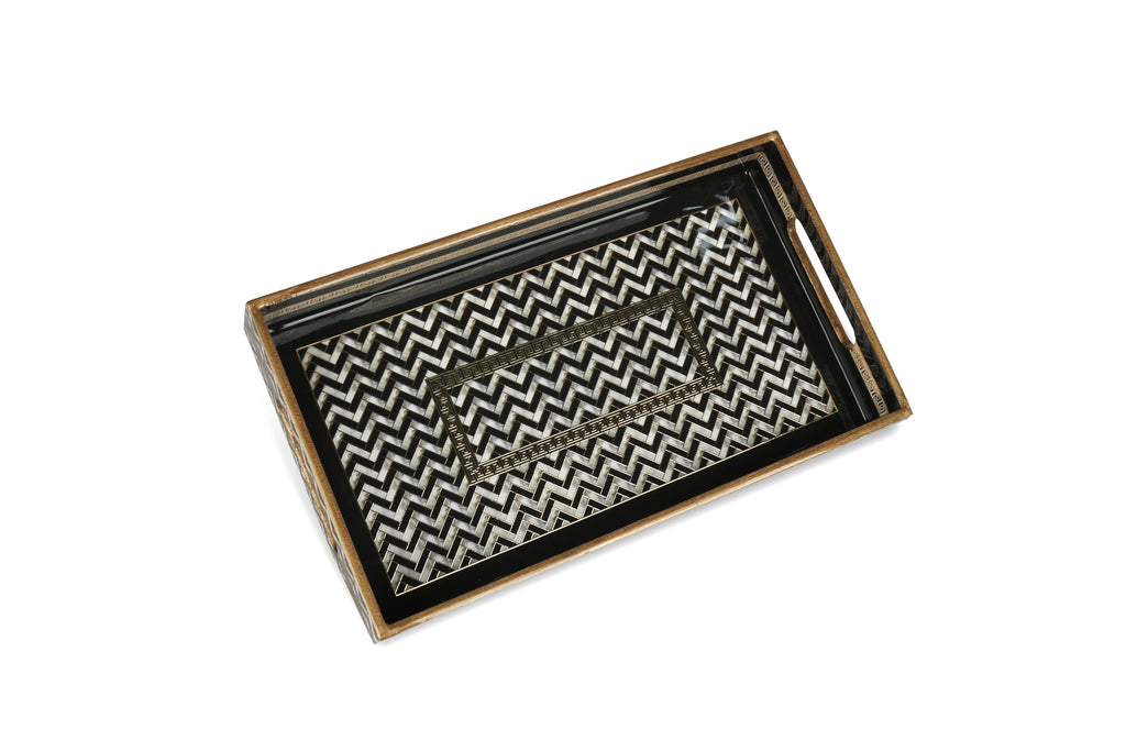 Classic Chevron Decorative Wooden Tray – Gold Engraved, Enamel Coated, Waterproof Rectangular Serving Tray for Coffee Table, Dining Room, Kitchen, Parties & Home Decor (Classic Chevron Small)