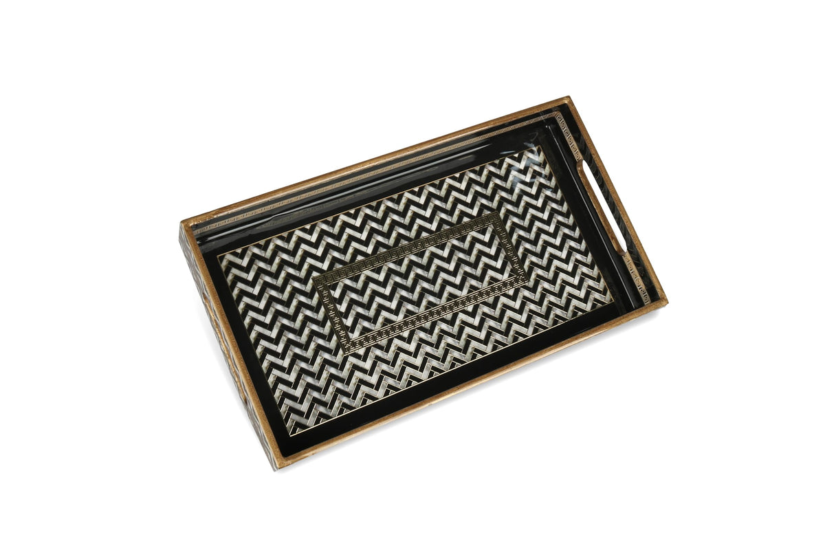 Classic Chevron Decorative Wooden Tray – Gold Engraved, Enamel Coated, Waterproof Rectangular Serving Tray for Coffee Table, Dining Room, Kitchen, Parties & Home Decor (Classic Chevron Small)
