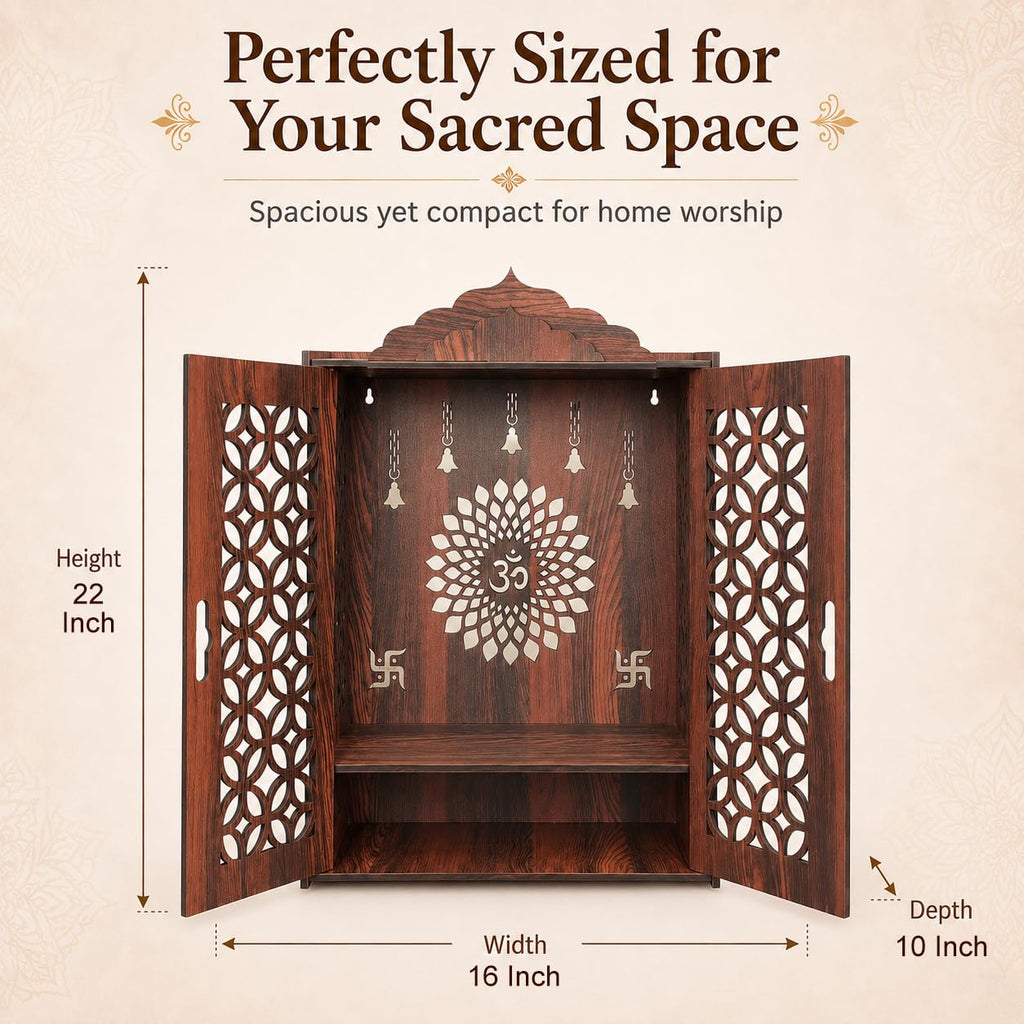 The Castle Decor Wooden Mandir for Home, Premium MDF Home Temple with Double Doors for Pooja Room, Wall Hanging & Tabletop Temple, Matte Finish, 16.5 x 24.5 x 10.5 Inch (Design 6)