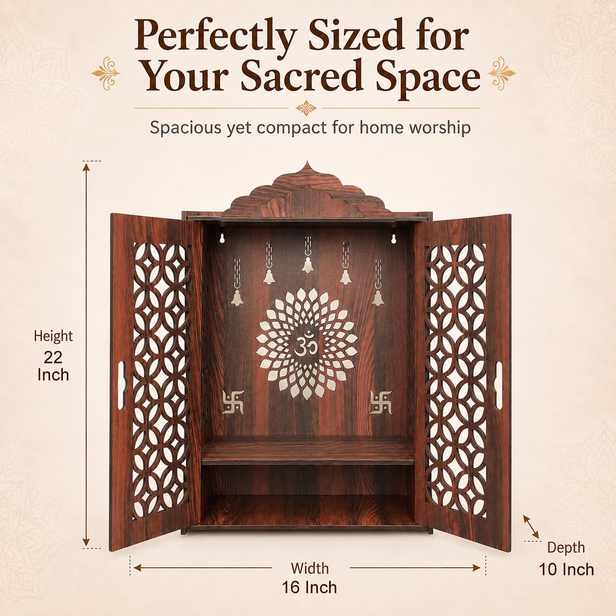 The Castle Decor Wooden Mandir for Home, Premium MDF Home Temple with Double Doors for Pooja Room, Wall Hanging & Tabletop Temple, Matte Finish, 16.5 x 24.5 x 10.5 Inch (Design 6)