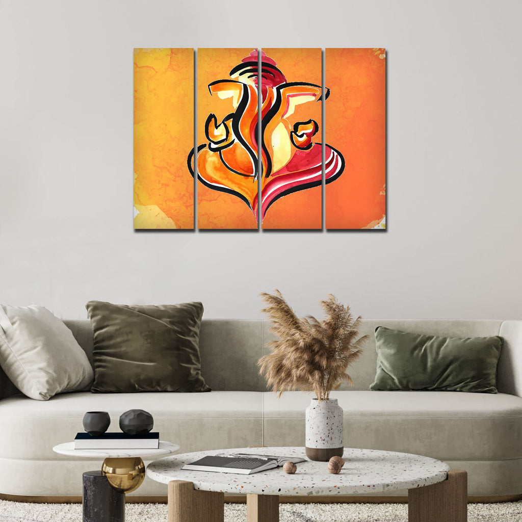VIBECRAFTS Shree Ganesha Abstract Art 4 Pieces Canvas Wall Painting Fitted With Wooden Frame For Home | Office | Living Room | Gift(PTVC4Pcs1_13523)