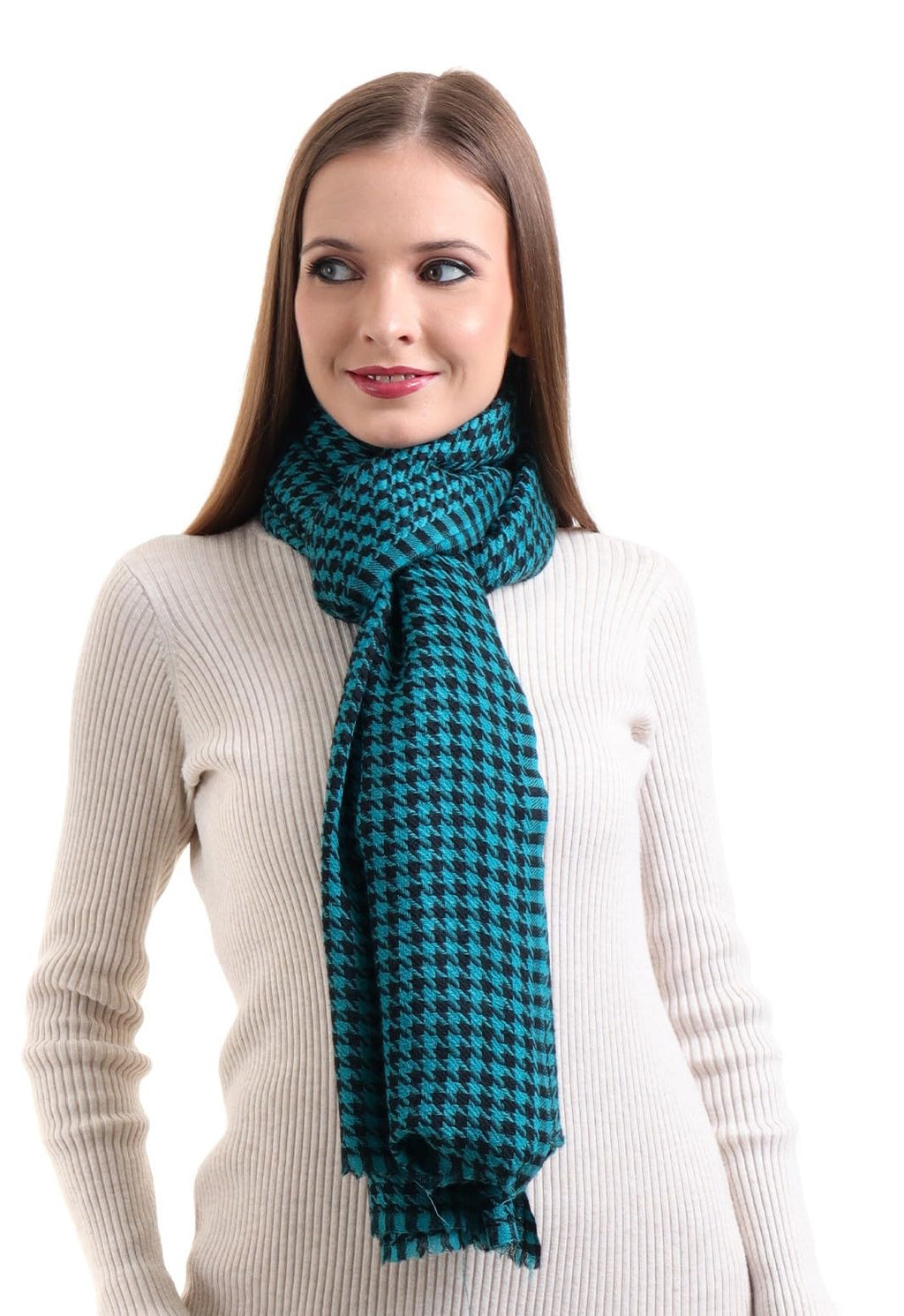 EH 100% Pure Cashmere scarf, stole Houndstooth, warm large buttery soft Pashmina (TEAL BLUE & BLACK)