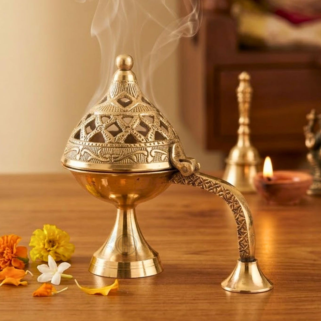DSH Brass Dhuna Burner for Loban Traditional Dhoop Dani Sambrani Incense Dhuni Holder for Pooja, Spiritual Rituals & Home Purification
