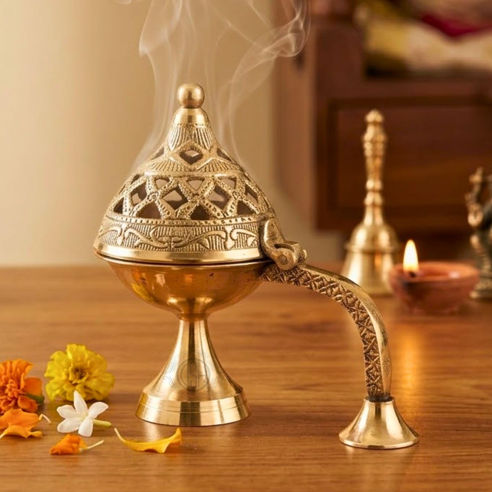 DSH Brass Dhuna Burner for Loban Traditional Dhoop Dani Sambrani Incense Dhuni Holder for Pooja, Spiritual Rituals & Home Purification