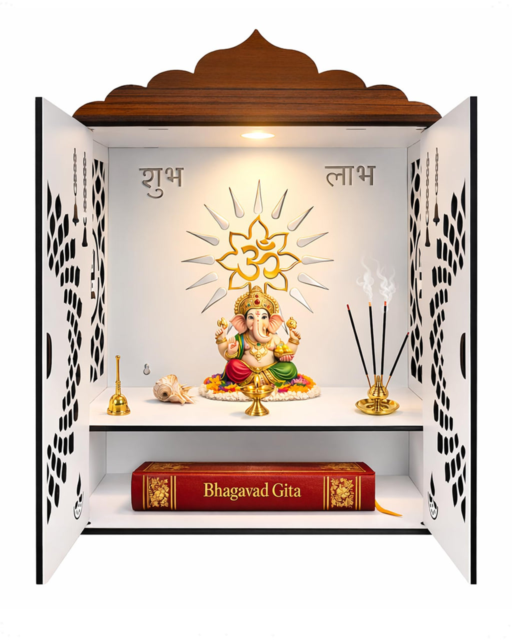 Beautiful Temple Mandir for Home with Door Wooden MDF | White Interior Pooja Temple with Storage Space | Wall Mounted & Tabletop Pooja Mandir for Home Office Decor (22 x 16.5 x 10.5 Inch)
