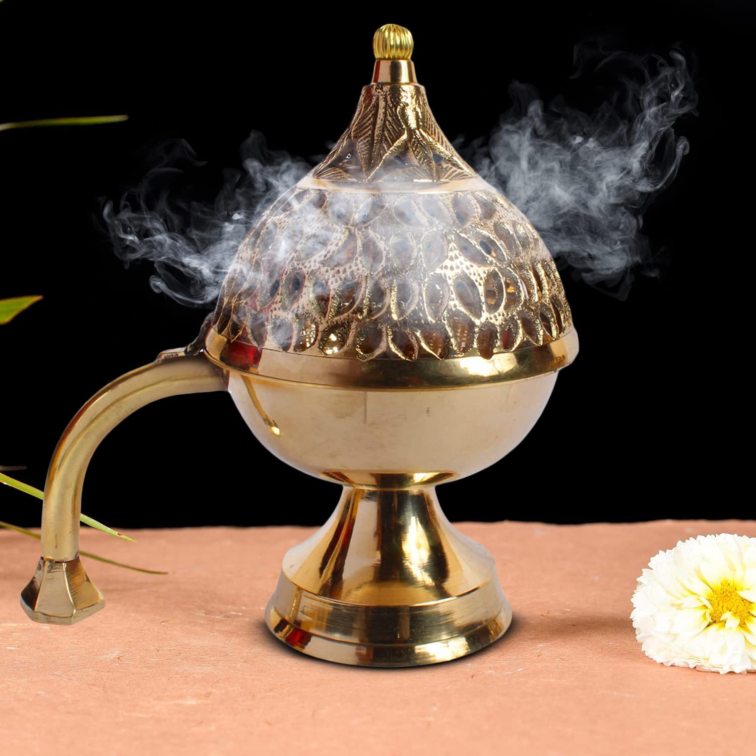 Artvarko™ Brass Incense Loban Dani Holder Dhuna Charkol Dhoop Dani Aarti Loban Burner Purifying with Handle Big Size (7x4.5x7 Inch)