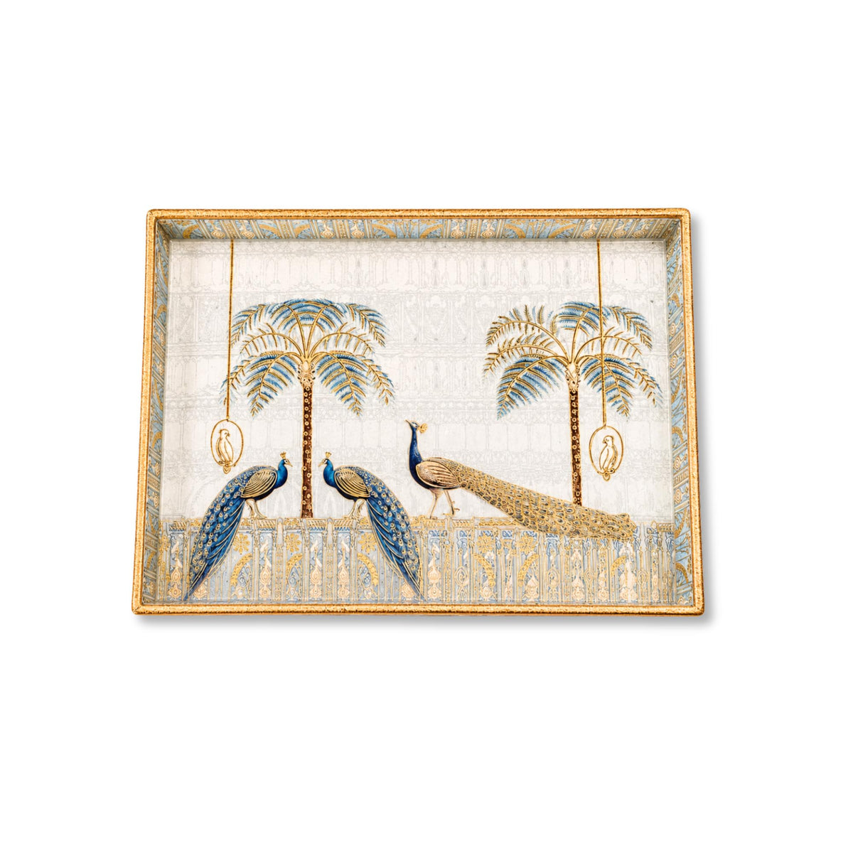 Pavitra Uphaar Peacock Serving Tray, Handcrafted Solid Wood Decorative Tray, Blue & Gold Indian Heritage Design, Tea & Snack Serving Platter, Coffee Table Tray, Housewarming & Festive Gift