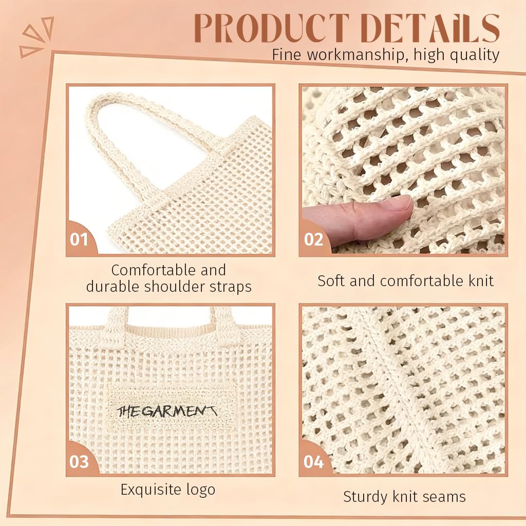 PALAY® Tote Bag for Woman Beige Crochet Hand Bags with Smiley Charm Mesh Woven Knitting Women Handbags Elegant Hollow-out Braided Beach Bohemian Shoulder Bag for Woman