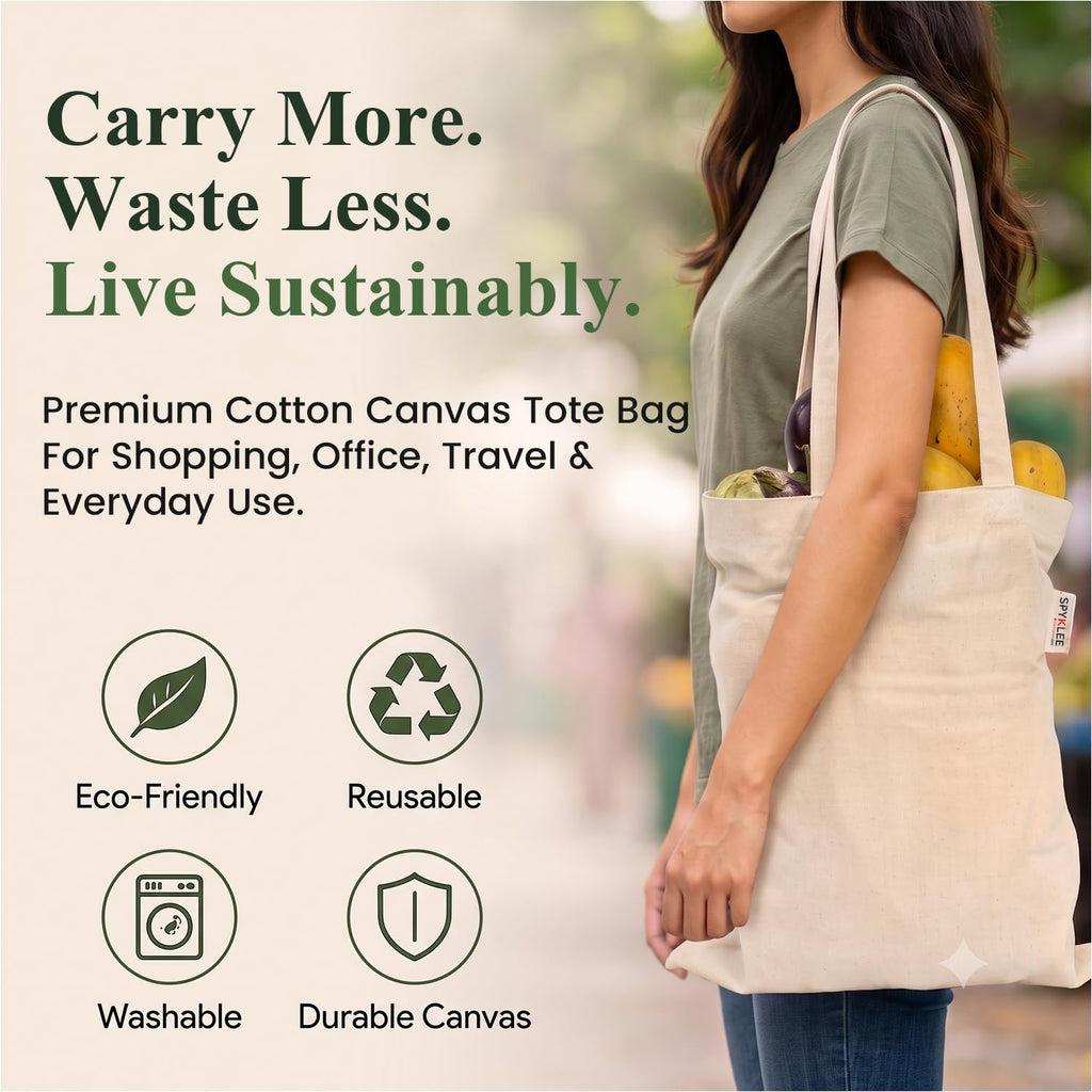 SPYKLEE Cotton Canvas Tote Bag | Durable Reusable Eco-Friendly Shopping Bag with Long Handles | Washable Multipurpose Grocery, Lunch, Office, College, Travel & Everyday Carry Bag (10Pcs, 12x14 Inch)