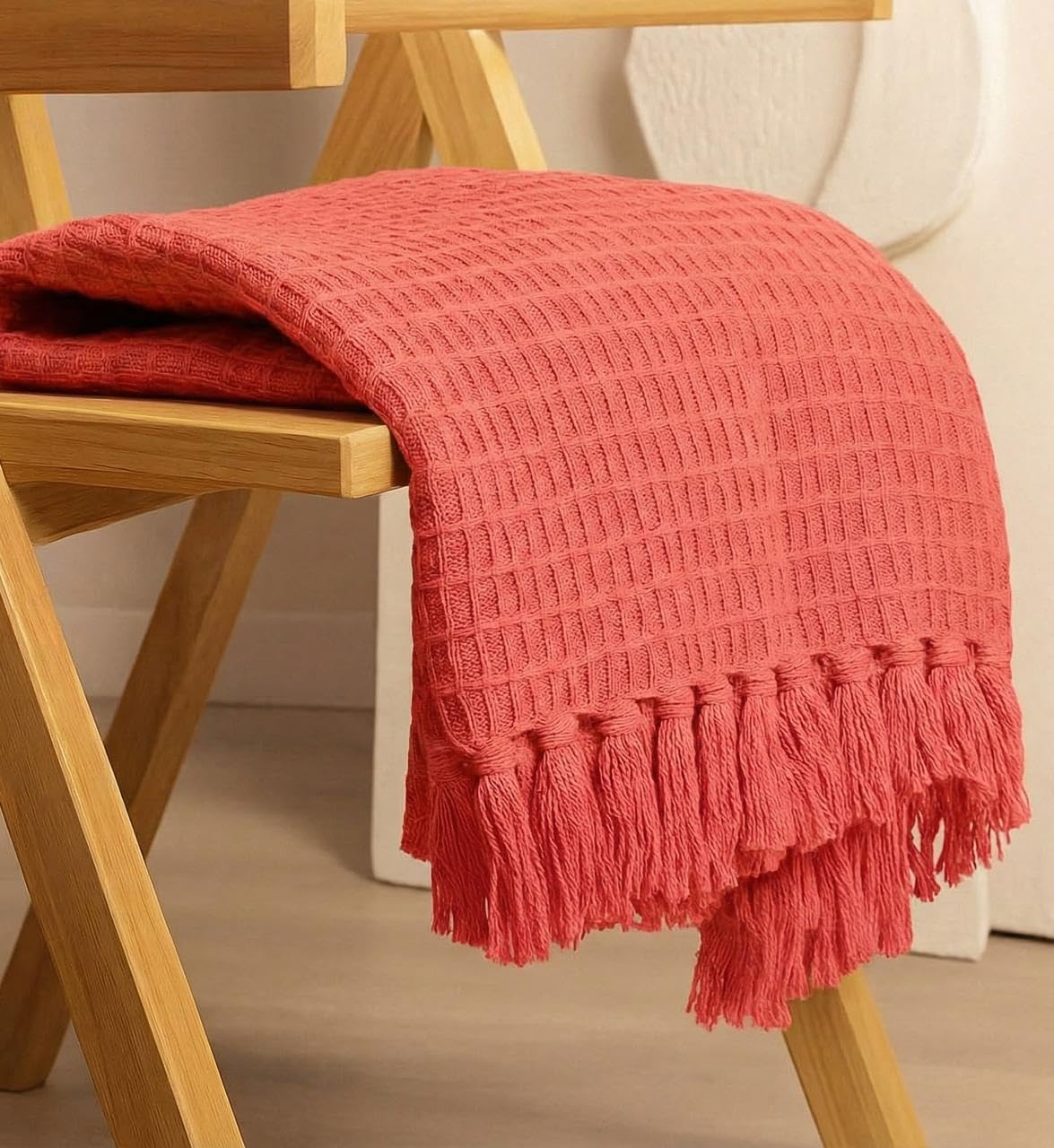 Wisdom Decor Waffle Knit Throw Blanket with Tassels for Sofa & Bed for All Seasons – Lightweight Decorative Cozy Blanket for Living Room & Bedroom (127x152 cm) (Coral Peach) Kafalo