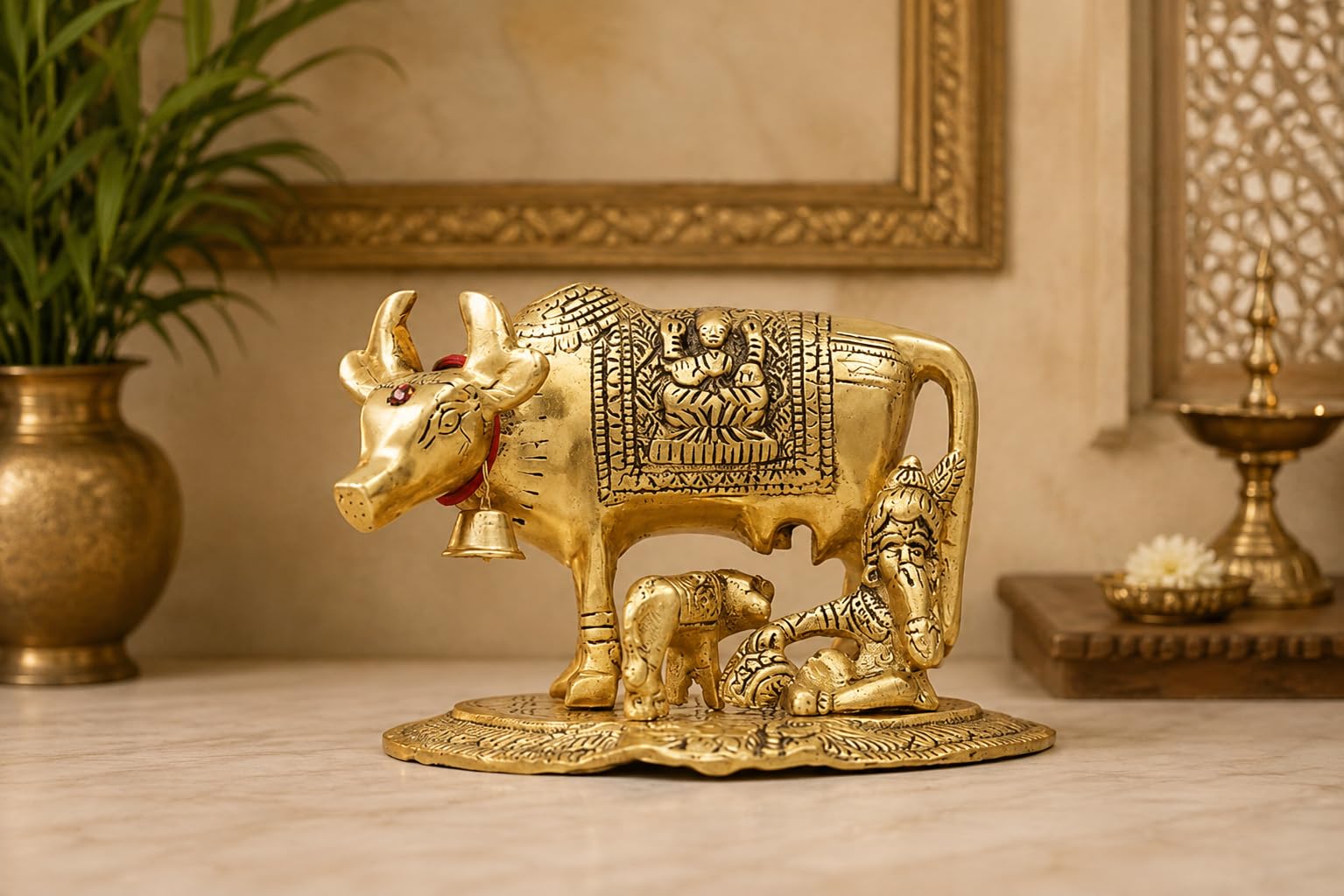 KridayKraft Kamdhenu Cow with Calf & Bal Gopal Krishna Idol, 19 cm Metal Gau MATA Statue for Home Mandir, Pooja Room, Vastu & Religious Gifting, Antique Gold Finish, 910 g