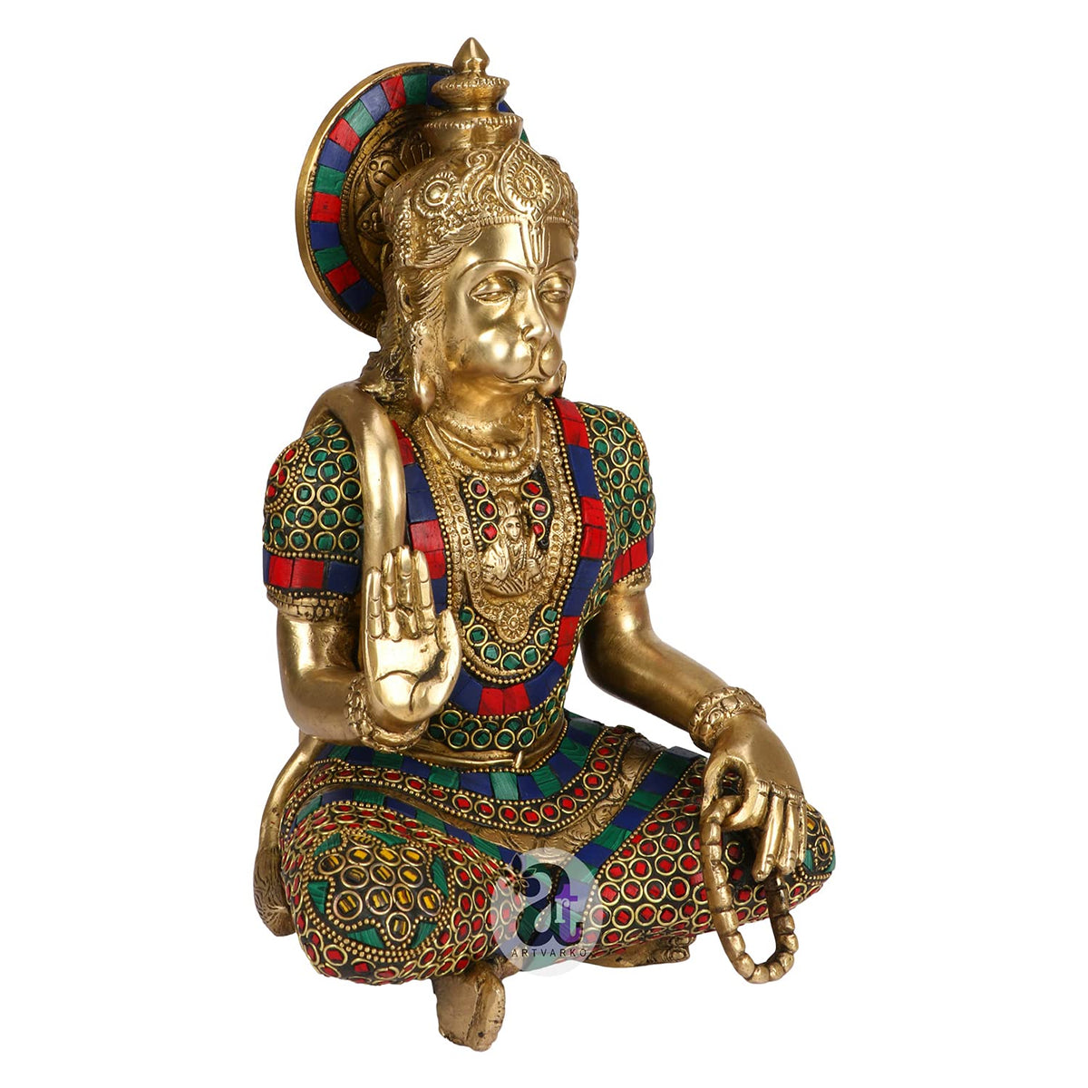 Artvarko Brass Hanuman Idol Multicolor Stone Handwork | Bajrang Bali Sitting Blessing Meditation for puja Sculpture Diwali Decor Gifts Height 11 Inches