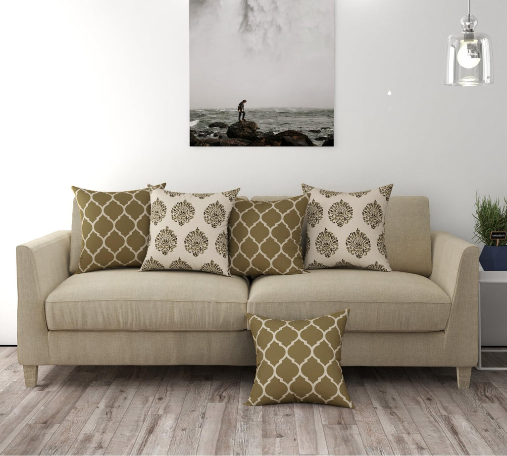 Trance Home Linen Set of 5 Premium 100% Cotton 24x24 inch Cushion Covers Only for Sofa and Diwan | 24 x 24 Cushion Pillow Covers Only – (24x24 inch | 60cmx60cm, Dori & Damask Forest Green) – Set of 5