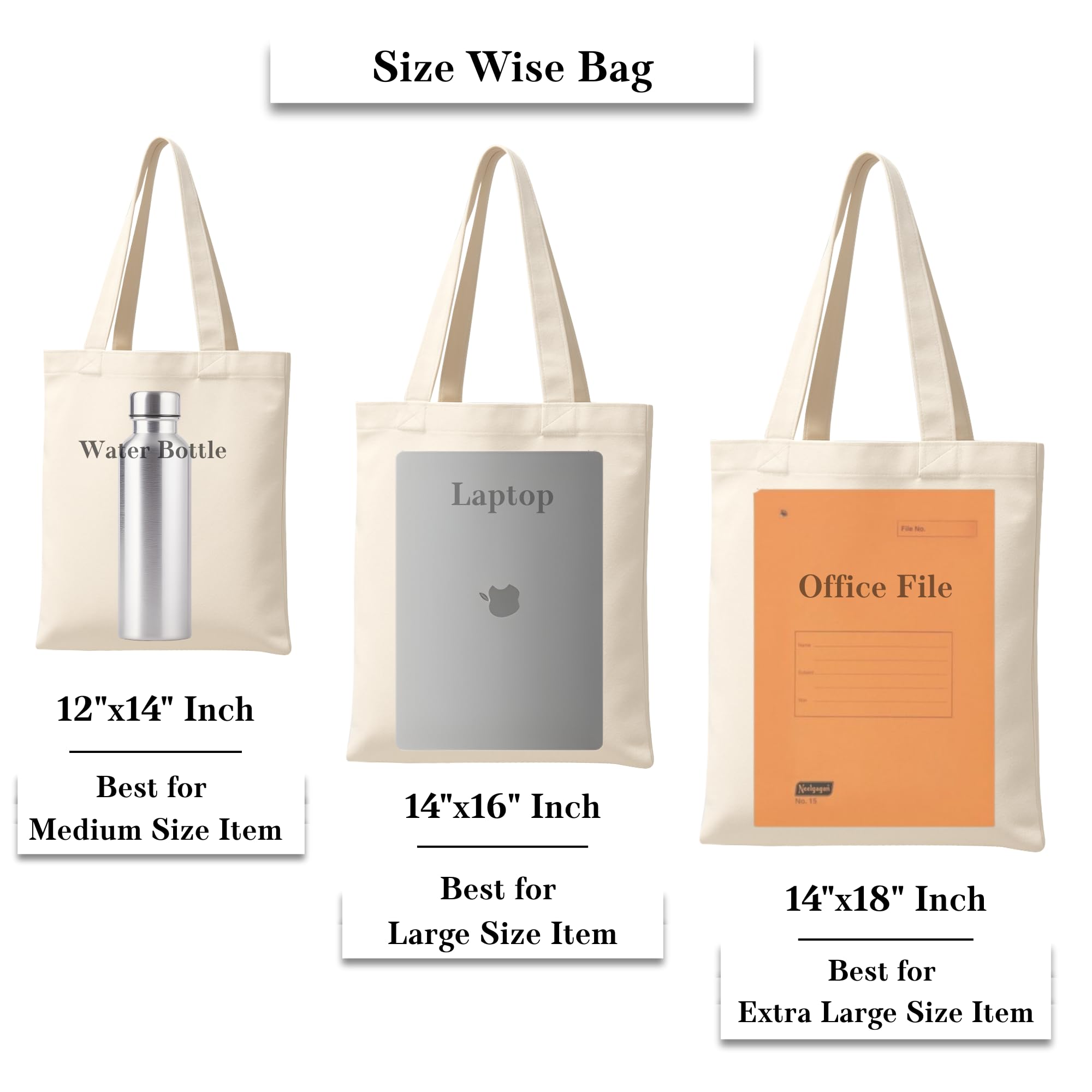 Greenfold 14x18 Inch (100 Pcs) Plain Canvas Tote Bag | 100% Organic Reusable 150 GSM Cotton Handbag for Shopping, Daily Use, Travel, Grocery, Gifting, Craft Diy, Painting, School, Office and Storage