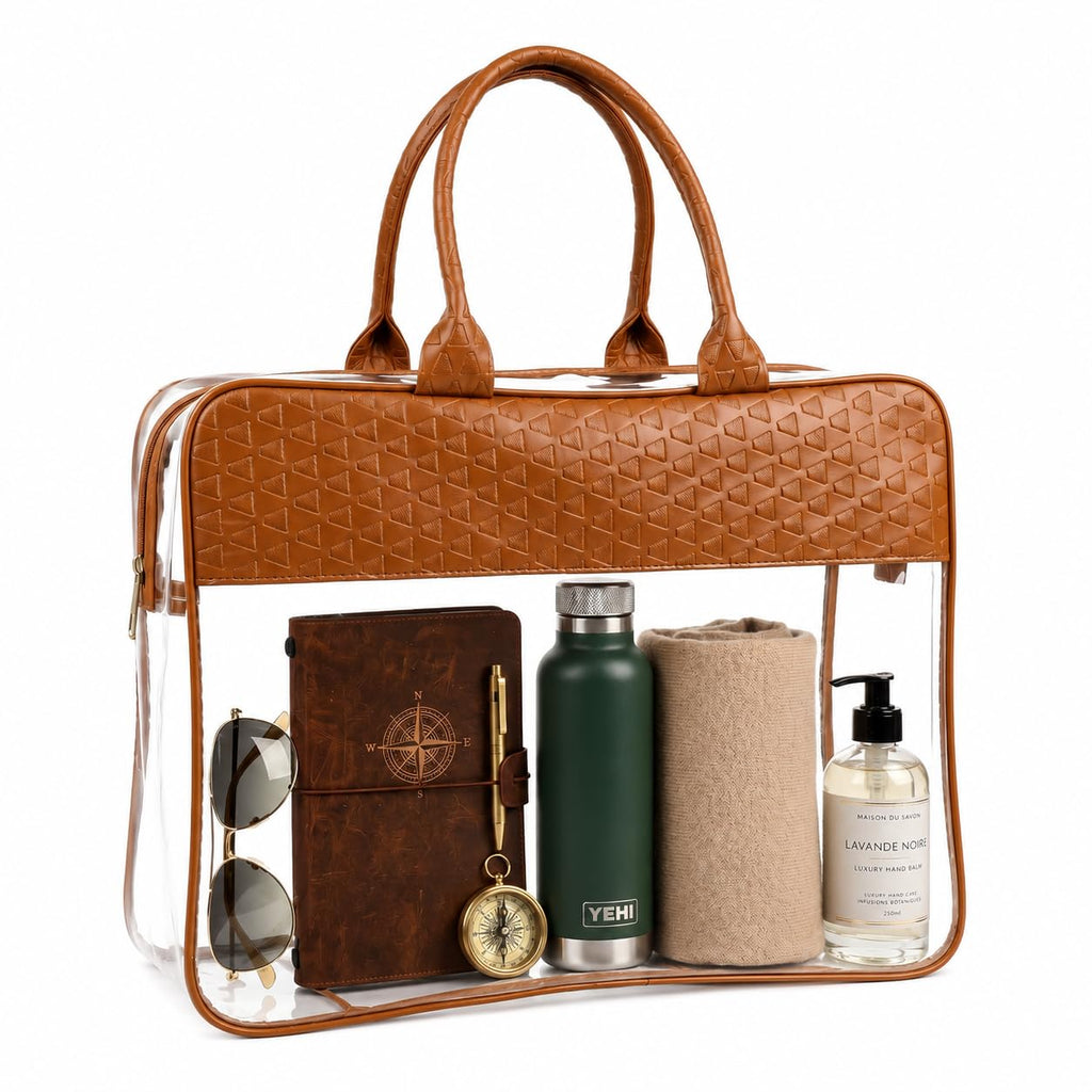 Clear Tote Bag with Brown Embossed Leather Handles, Transparent PVC Travel Organiser Handbag