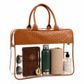 Clear Tote Bag with Brown Embossed Leather Handles, Transparent PVC Travel Organiser Handbag