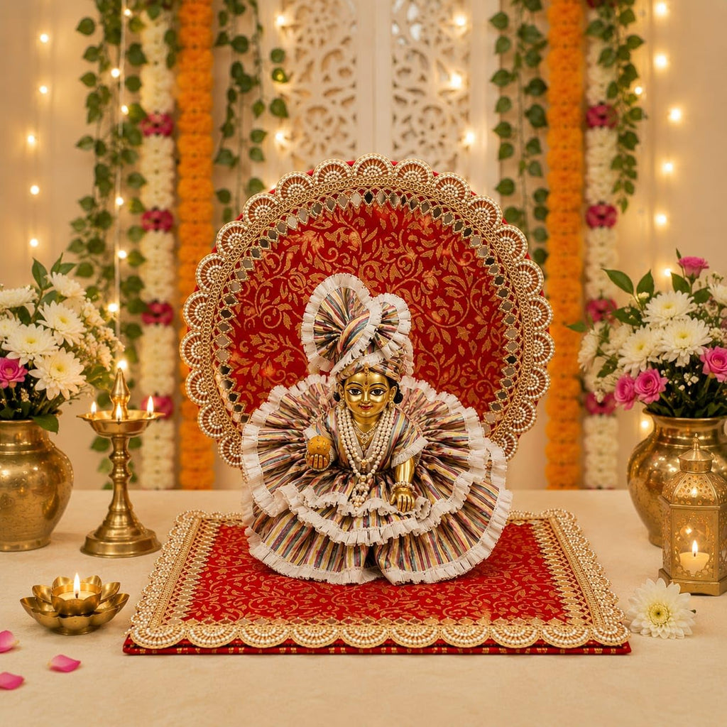 SATYAM KRAFT 1 Pcs Ganpati Kanhaji Singhasan Backdrop Set| Red Gold Mirror Lace Decoration| 31x31 cm Square Round Backdrop with 10x10 cm Clamp| Decor for Ganesh Chaturthi Janmashtami, Home Decor