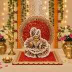 SATYAM KRAFT 1 Pcs Ganpati Kanhaji Singhasan Backdrop Set| Red Gold Mirror Lace Decoration| 31x31 cm Square Round Backdrop with 10x10 cm Clamp| Decor for Ganesh Chaturthi Janmashtami, Home Decor