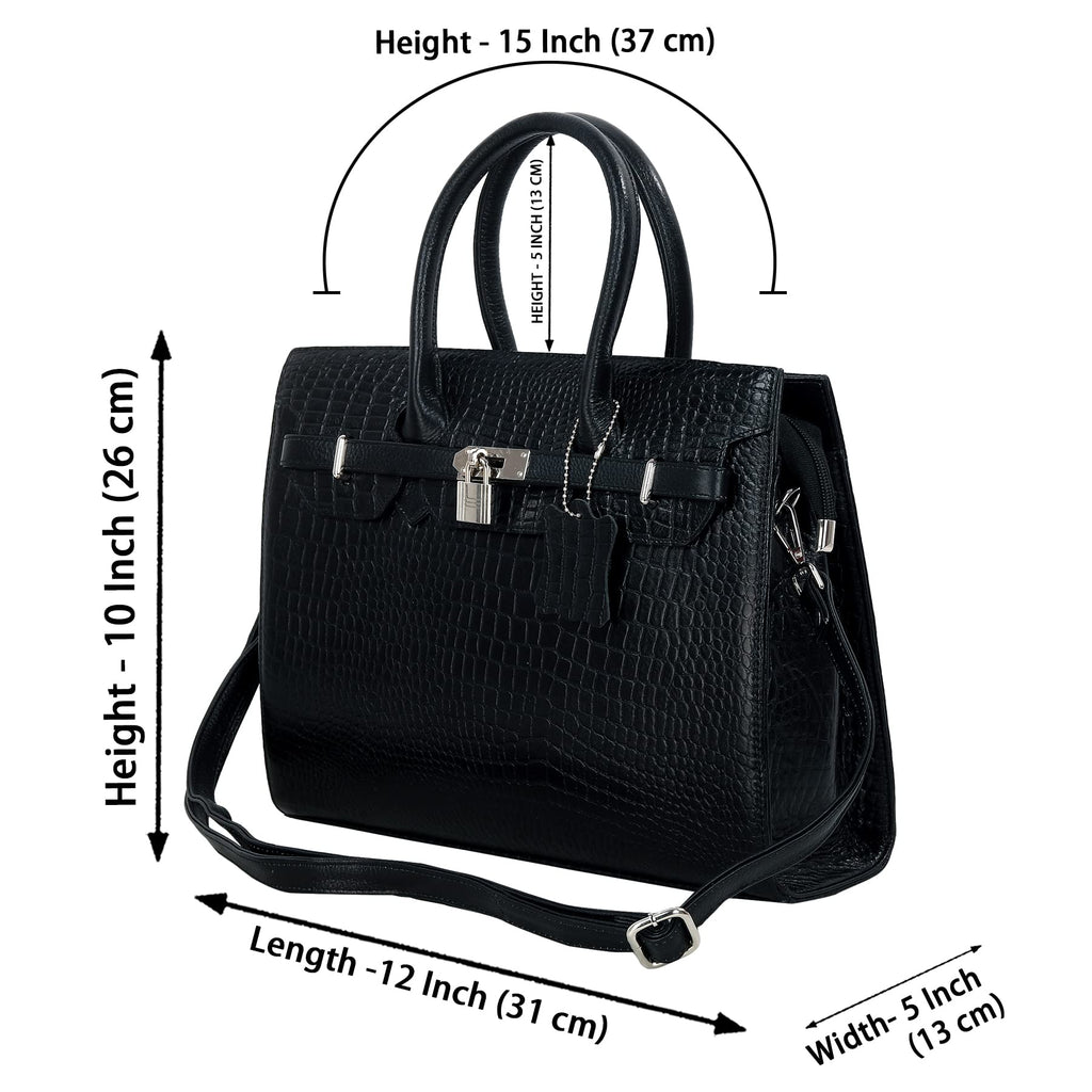 RICHSIGN LEATHER ACCESSORIES Full-Grain Natural Cro Leather Top-Handle satchel Tote Handbags & Shoulder Sling Bags For Women Office Branded Stylish Latest Size- L-12 X H-10 x W- 5 Inch (BLACK)