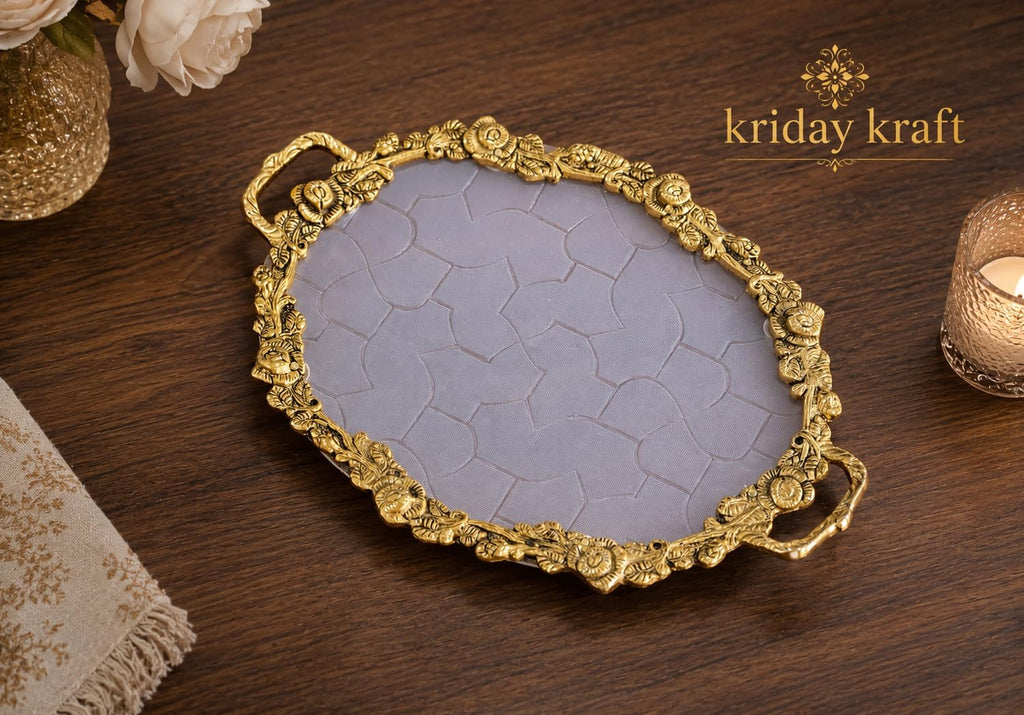 KridayKraft Hand Crafted Metal Rose Ovel Shape Tray for Home Centre Dining Table Serving Dry Fruits