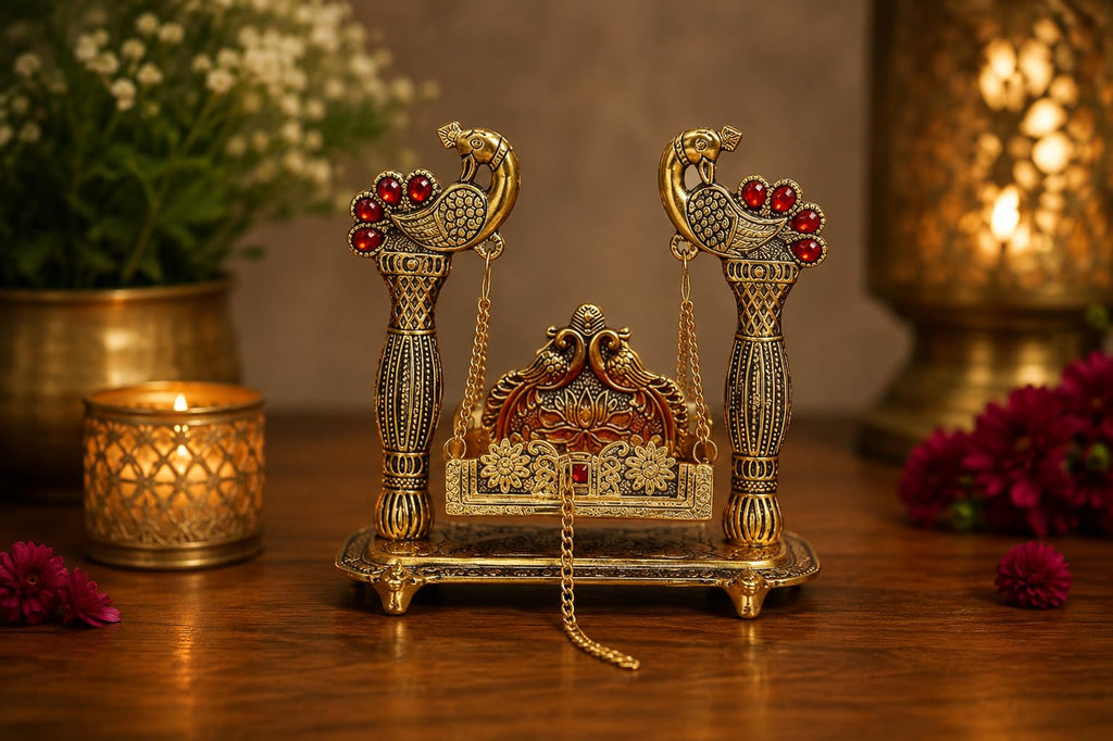 KridayKraft Laddu Gopal Jhula for Krishna Idol, Peacock Metal Palna with Gold Finish & Stone Work, Bal Gopal Swing Singhasan for Janmashtami, Home Mandir, Pooja & Gifting, 20 x 9.5 x 19 cm