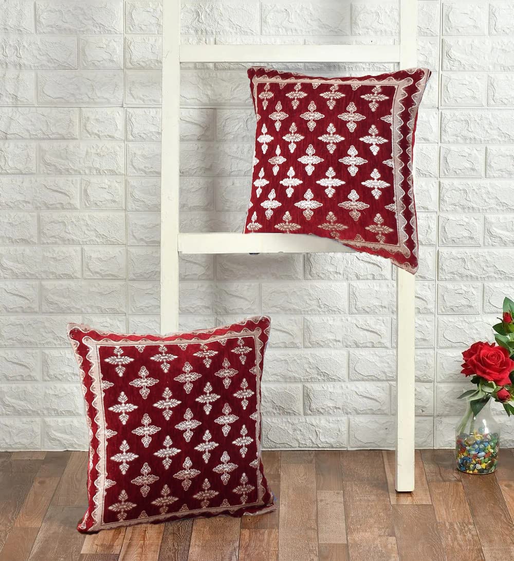 DECOMIZER Jacquard Geomteric Cushion Covers 24 inch x 24 inch Set of 2 Ethnic Motifs Cushion Covers,Design- Plus,Color- Maroon