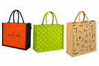 Srgaly Unisex-Adult Orange & Green & Yoga Printed Jute Bag for Lunch, Office, Grocery, Picnic, Tiffin, Shopping Hand Bag with Padded Cotton Handles - Pack of 3