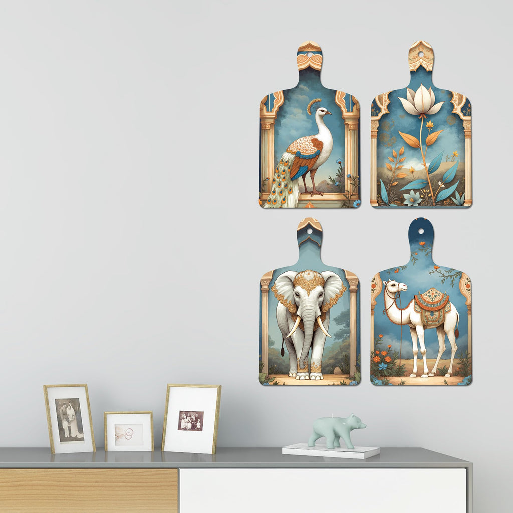 Artvibes Peacock Elephant Camel Pichwai Art Decorative MDF Wooden Wall Art for Home | Printed Wall Decoration | Graphic Artwork | Aesthetic Wooden Decor | Sceneries | Ideal Gifts (WH_5652N), Set of 4