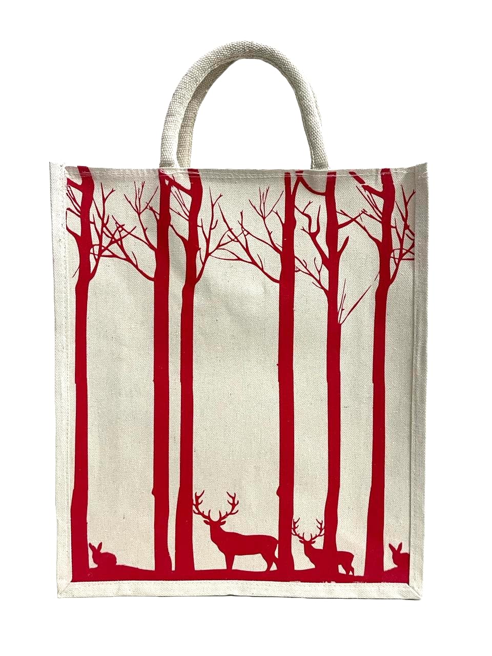 Jute Club Printed Canvas Bag|Shopping|Office|Tiffin| Multipurpose|Eco Friendly with Zipper lock|Spacious|100% Organic Cotton Tote with Lamination-14 X16 X5 (5Pc, Red Deer)
