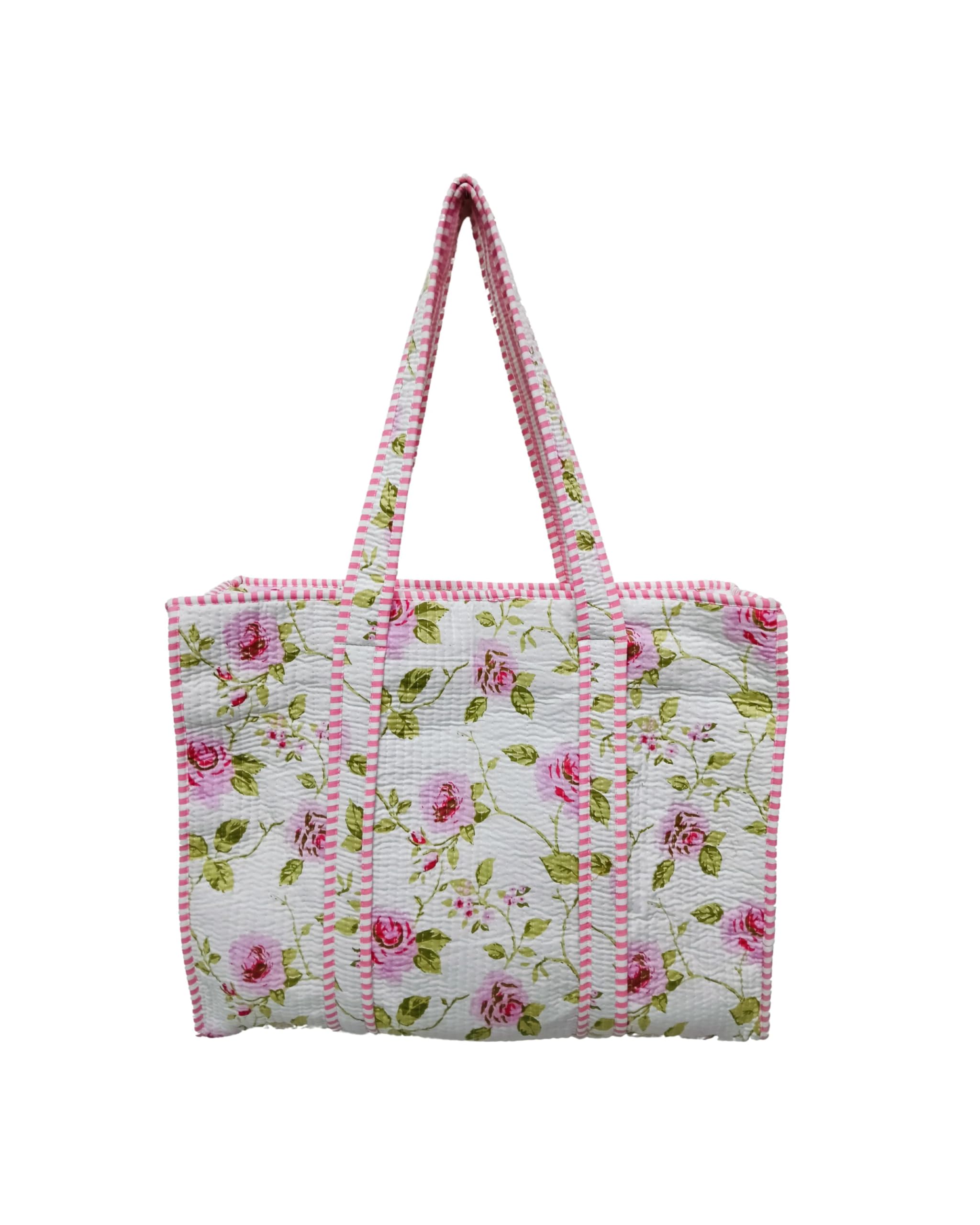 Raj Handicrafts Cotton Printed Tote Bag,Hand Bag Multicolor Quilted Hand Block Floral Printed Women's Carry Bag Shoulder Shopping Tote Bags 18x5.5x16 Inch (White 6)