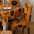 HOKIPO 'Elira Series' Elastic Dining Chair Covers Set of 4 with Matching Tablecloth, Copper Brown Floral (AR-5371-C8)