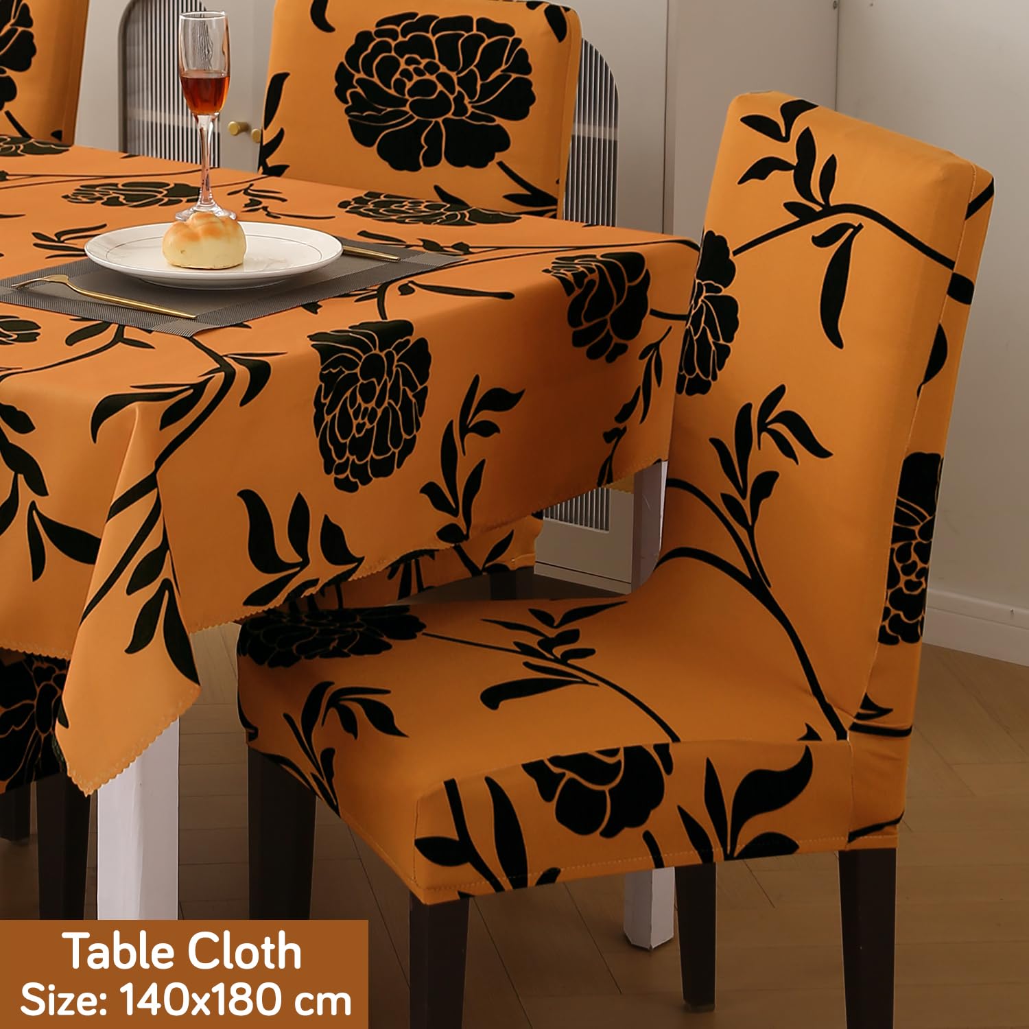 HOKIPO 'Elira Series' Elastic Dining Chair Covers Set of 4 with Matching Tablecloth, Copper Brown Floral (AR-5371-C8)