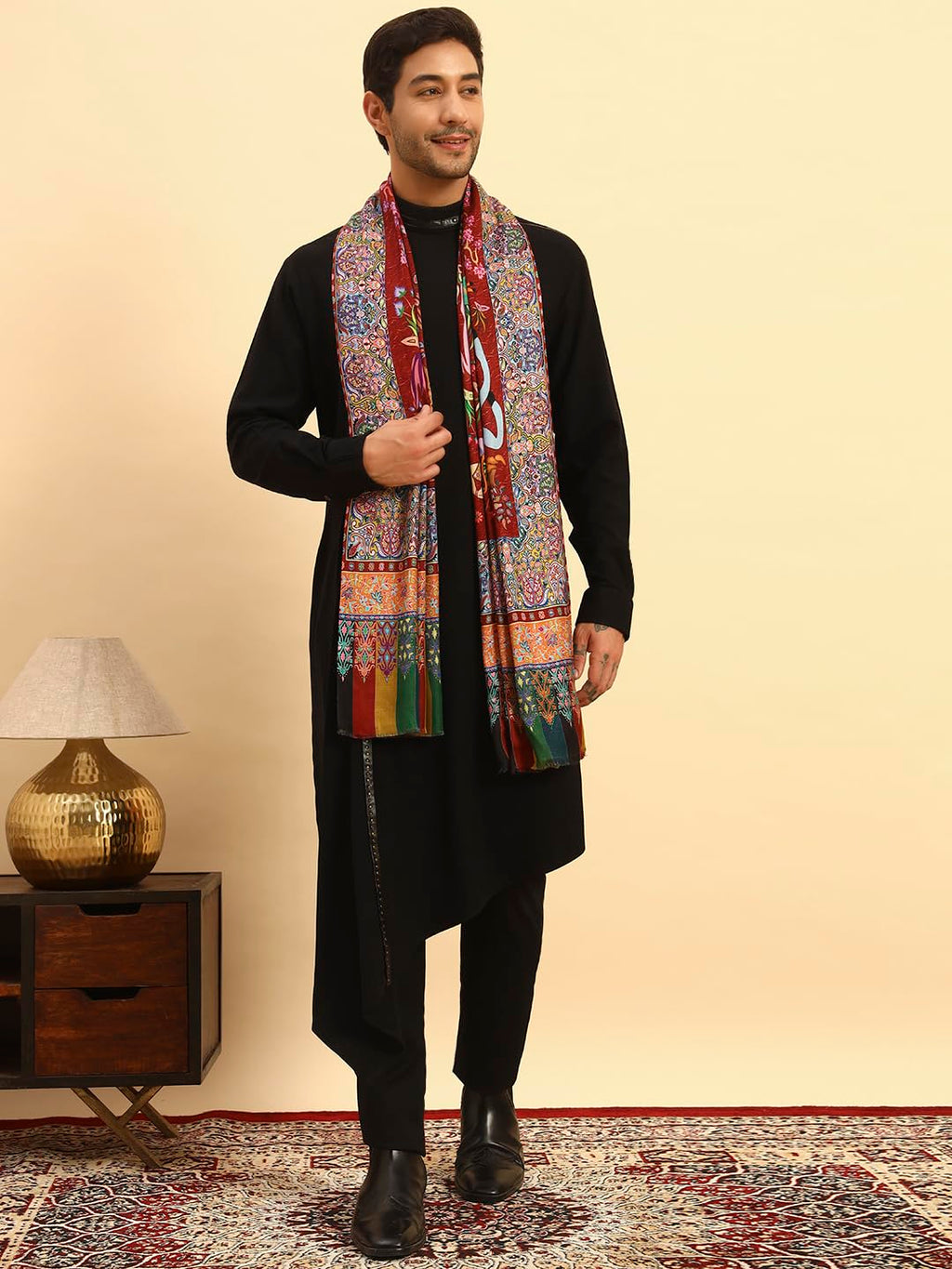 Pashmoda Men Royal Fine Soft Bamboo Fibre Stole, Multicoloured Design, Evening Wrap, Luxury Pashmina Style Scarf, Wrap, Sustainable and Natural Fabric (Size 28x80, Brown colour) MISST31